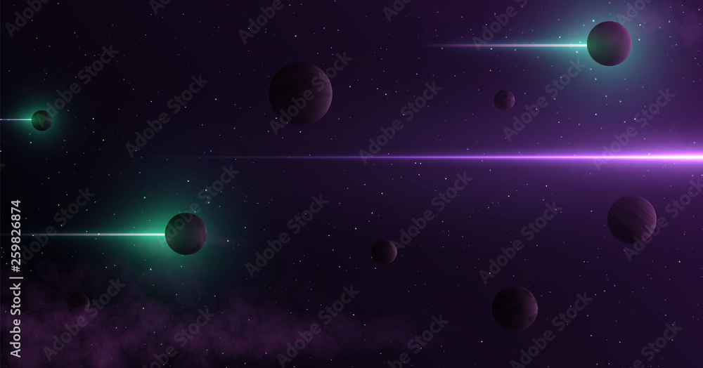 Aufkleber planets 3d on background of stars and galaxy. light abstract lines of gamma rays pass through space.