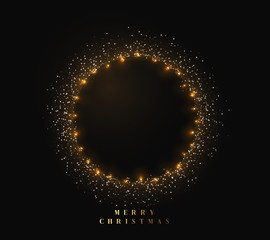 Gold shiny round frame on black background. Sparkle golden garlands.
