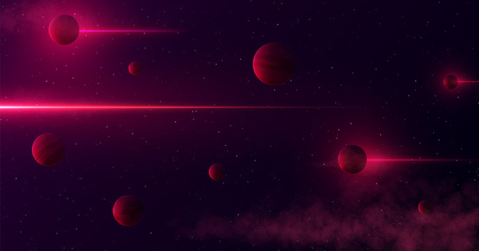 Planets 3d on background of stars and galaxy. Light abstract lines of gamma rays pass through space.