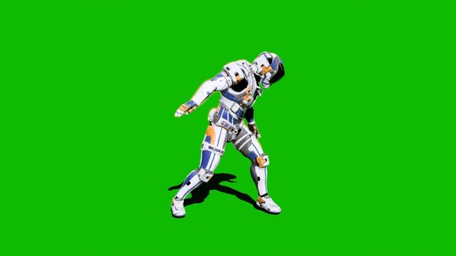 Astronaut-soldier of the future, dancing in front of a green screen. Looped realistic animation.