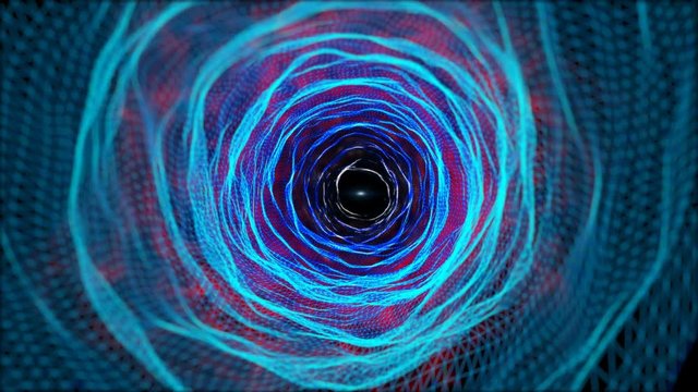 3D digital wire mesh tunnel animation, Fly through the tunnel and explode, cyber network technology, 3D illustration display, surface grid view in the future, camera flying through a digital wire mesh