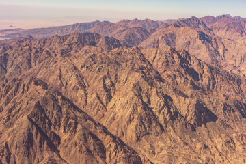 Aerial view of the mountains and sandy plateau of Egypt. Sinai, Africa.