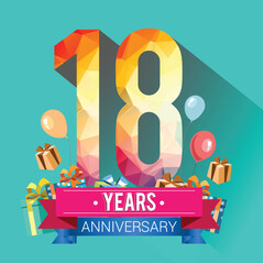 18 Years Anniversary Celebration Design, with gift box and balloons, red ribbon, Colorful polygonal logotype, Vector template elements for your birthday party. - obrazy, fototapety, plakaty