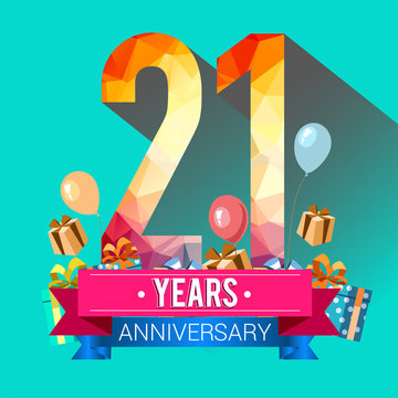 21 Years Anniversary Celebration Design, with gift box and balloons, red ribbon, Colorful polygonal logotype, Vector template elements for your birthday party.