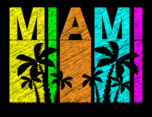 Naklejka premium Miami colorful lettering with black palms trees. Travel postcard.