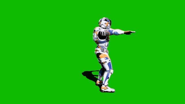 Astronaut-soldier of the future, dancing in front of a green screen. Looped realistic animation.