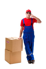 Young male courier with box isolated on white 