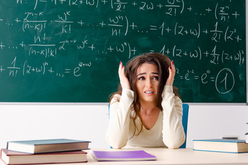 Young female math teacher in front of chalkboard  