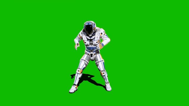 Astronaut-soldier of the future, dancing in front of a green screen. Realistic animation.
