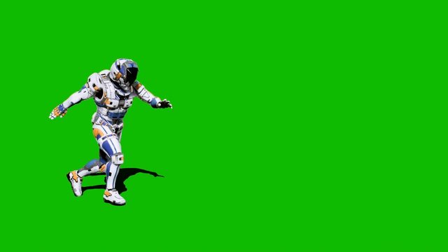 Astronaut-soldier of the future, dancing in front of a green screen. Looped realistic animation.