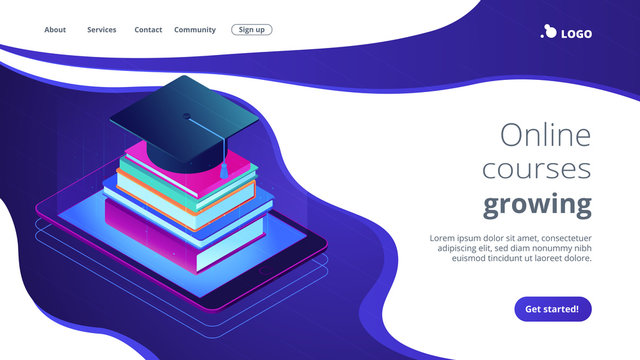 Online education with tablet and stack of books, academic cap on it. Digital education, online courses growing, e-school graduation concept. Isometric 3D website app landing web page template