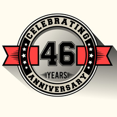 Celebrating 46 years anniversary logo vintage emblem with red ribbon, Retro vector design isolated on white background