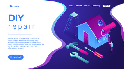 Businessman renovating house with paint roller and DIY home repair tools. DIY repair, do it yourself service, self-service learning concept. Isometric 3D website app landing web page template