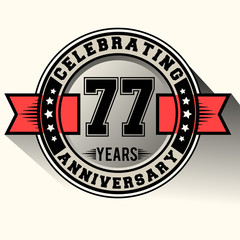 Celebrating 77 years anniversary logo vintage emblem with red ribbon, Retro vector design isolated on white background