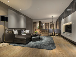 3d rendering modern dining room and living room with luxury decor