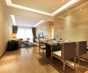 3d rendering modern dining room and living room with luxury decor