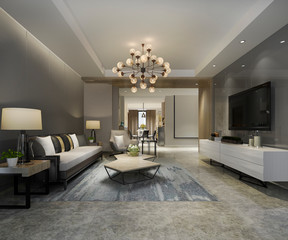 3d rendering modern dining room and living room with luxury decor