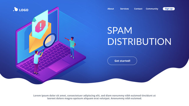 Tiny people businessmen with magnifier get advertising, malware unsolicited messages. Spam, unsolicited messages, malware spreading concept. Isometric 3D website app landing web page template