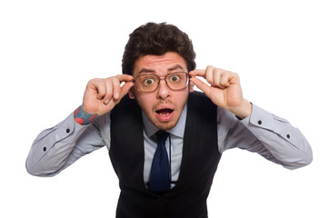 Young businessman in funny concept on white