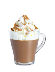 Cappuccino coffee with whipped cream and cinnamon in a glass mug. Isolate on white background.The photo.