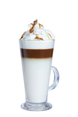 Coffee latte macchiato, whipped cream, cinnamon, glass mug. The photo. Isolate on white background.