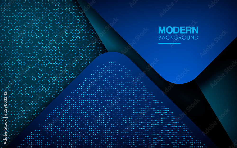 Poster dark abstract background with blue overlap layers. modern shape with sparkle light and blue glitters