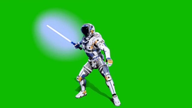 Astronaut-soldier of the future fighting with a lightsaber in front of a green screen. Realistic animation.