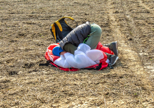 Parachutist with a parachute after the jump