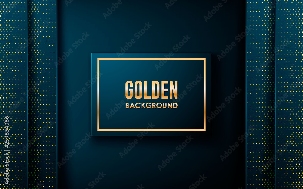 Poster luxury blue overlap layers background. golden list on blue square and golden glitters. realistic bac