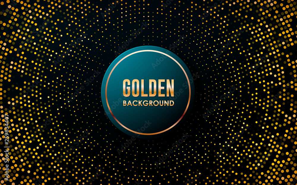 Poster realistic blue abstract background. modern shape with golden line on circle and golden glitters dots