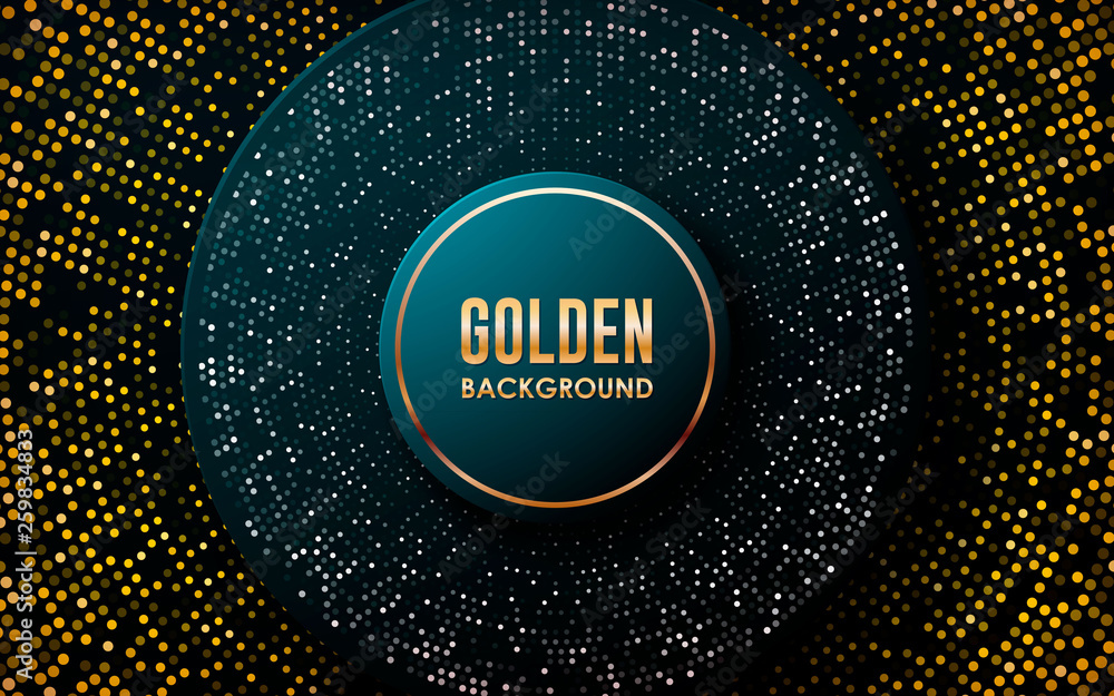 Poster realistic blue abstract background. modern shape with golden line on circle and golden glitters dots