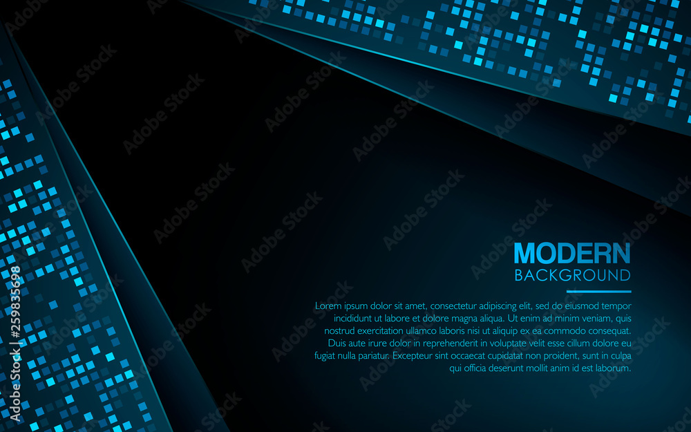 Poster dark abstract background with blue overlap layers. modern texture with blue square glitters dots ele