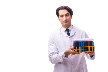 Young chemist isolated on white background 