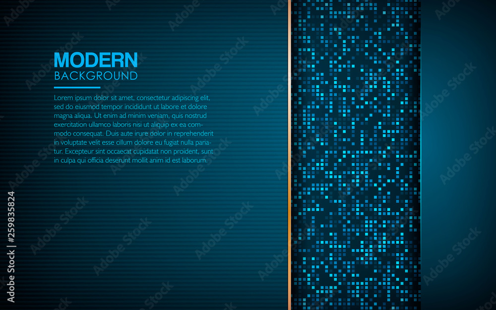 Poster dark abstract background with blue overlap layers. modern texture with golden list and blue square g