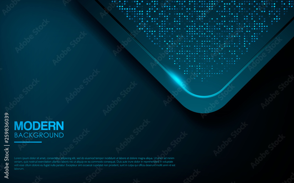 Poster dark abstract background with blue overlap layers. modern shape with sparkle light and blue glitters