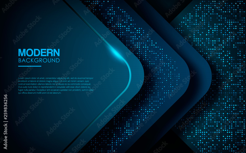 Poster dark abstract background with blue overlap layers. modern shape with sparkle light and blue glitters