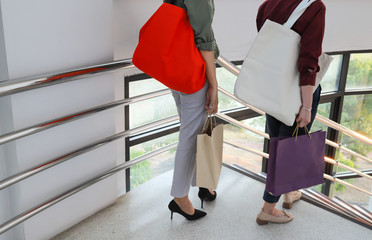 Closeup of two Asian women carrying reusable cloth bags and paper bags walking on staircase. Smart global friendly way of life. 