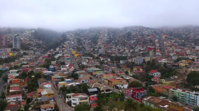 Aerial drone view of colorful houses on the hills in Valparaiso, Chile
