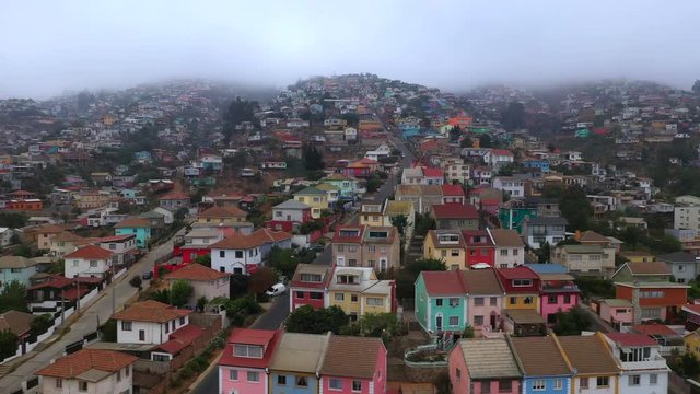 Aerial drone view of colorful houses on the hills in Valparaiso, Chile