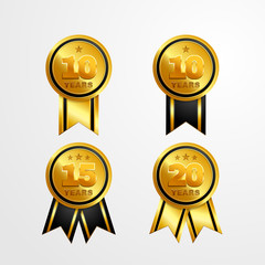 Anniversary logo badge with ribbon vector design. Set of shiny gold black medal button with numbers for birthday celebration