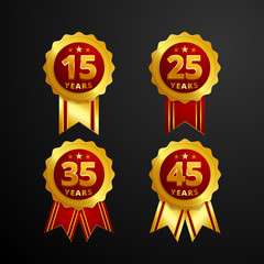 Anniversary logo badge with ribbon vector design. Set of shiny gold red medal button with numbers for birthday celebration
