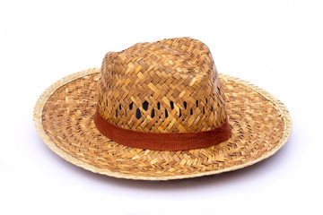 Wooden bamboo straw hat isolated on white background.