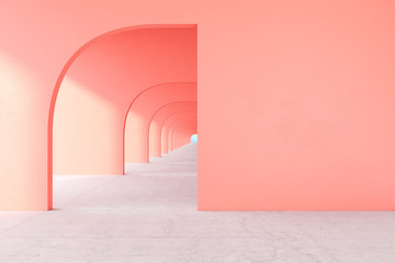 Coral, pink color architectural corridor with empty wall, concrete floor, horizon line. 3d render illustration mock up