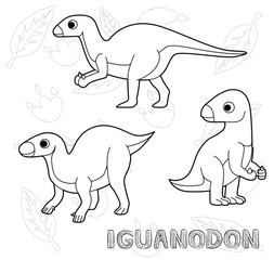 Dinosaur Iguanodon Cartoon Vector Illustration Monochrome
