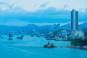 Hong Kong city skyline, China at sunrise