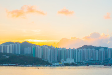 Hong Kong city skyline, China at sunrise