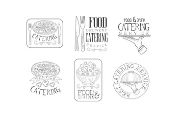 Vector set of sketch emblems for catering or food delivery services. Hand drawn logos with food, cutlery, serving trays and calligraphic text
