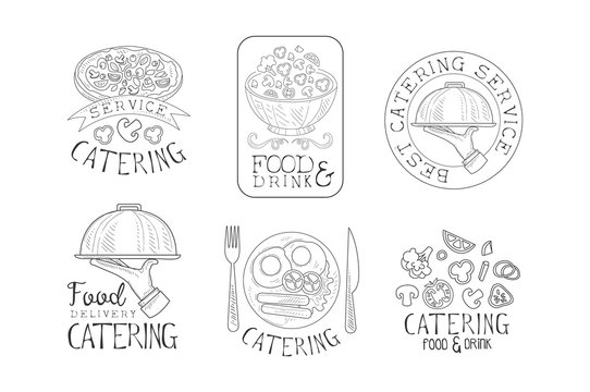 Hand drawn emblems for catering services. Monochrome vector logos with tasty food, hands with trays and calligraphic text