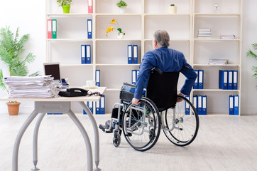 Aged employee in wheelchair working in the office 