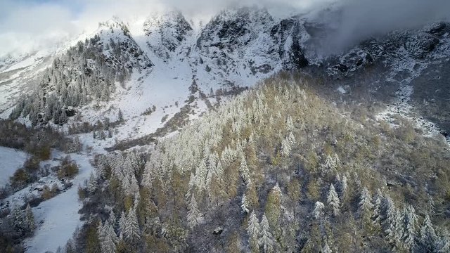 Europe, France, Haute Savoie, Rhone Alps, Chamonix, Le Tour, early season snowfall in autumn